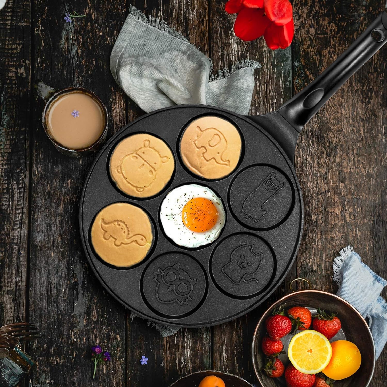 Animal Pancake Pan,Nonstick Pancake Griddle with 7 Unique Cute Animal Grill Pan Crepe Pancake Mold Mini Pancake Maker, Black